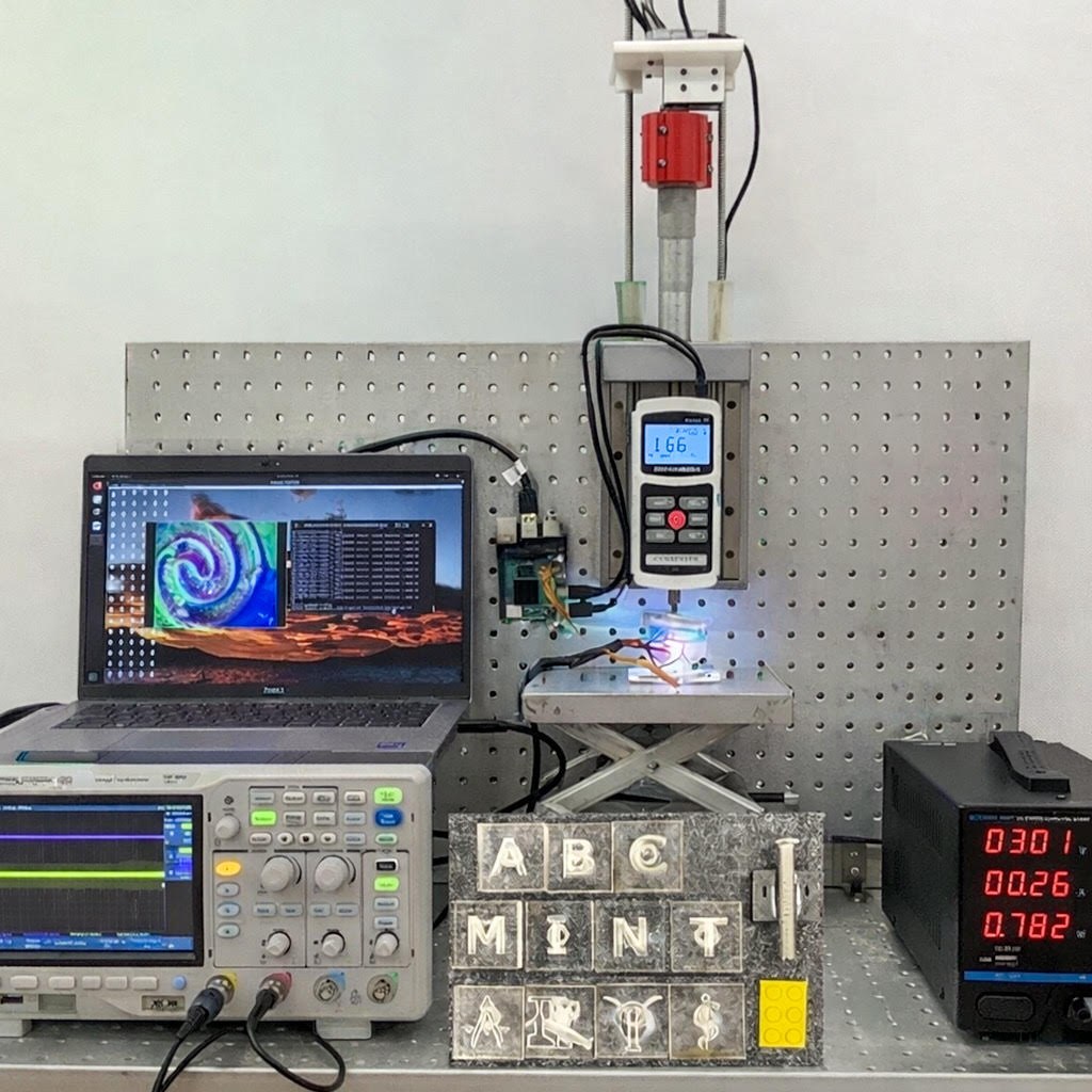 Automated test rig used to stretch liquid-metal strain sensors while recording force and resistance.