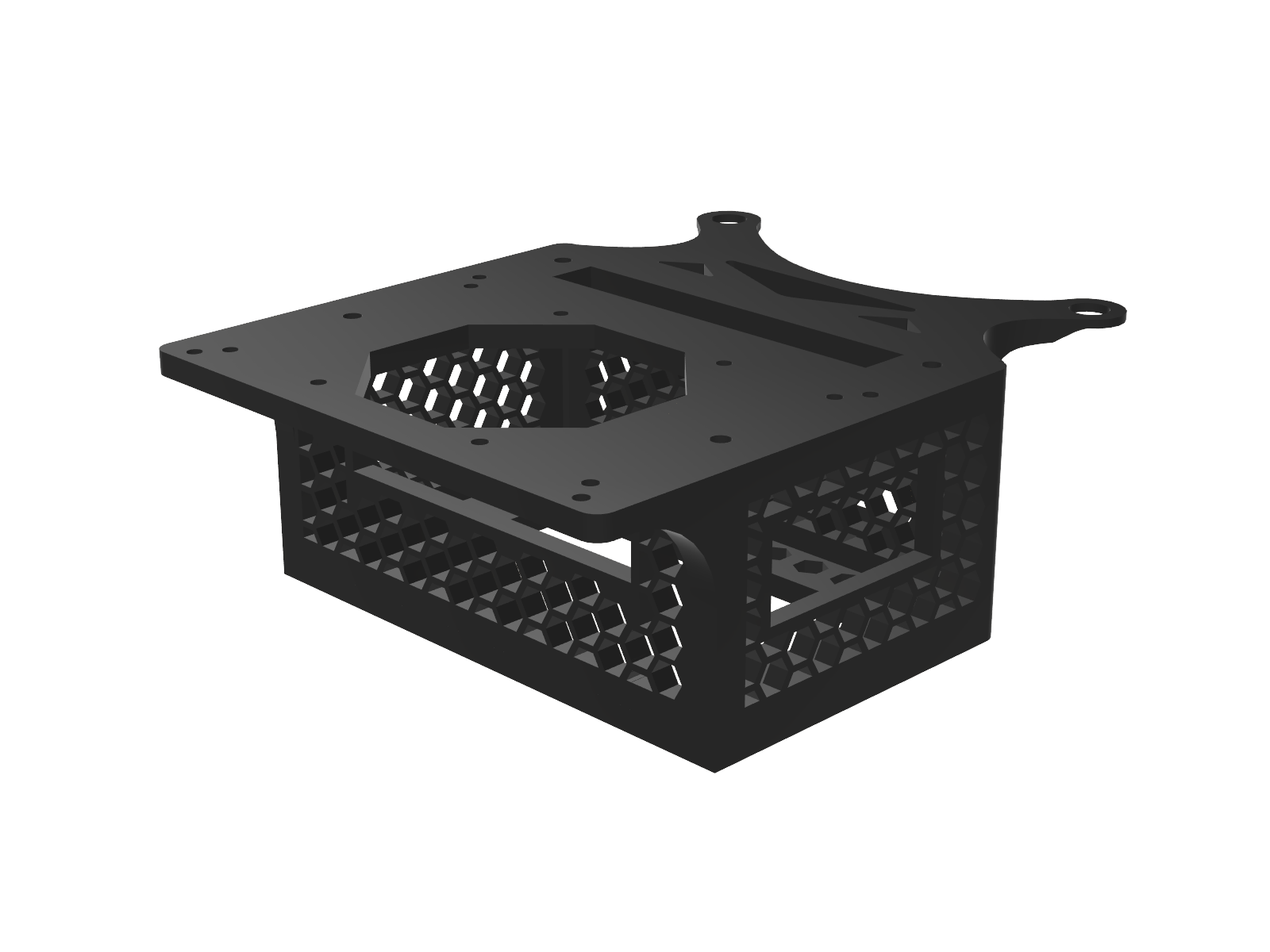 Printed enclosure for the Jetson Orin Nano, with a lattice shell and a vented top plate.